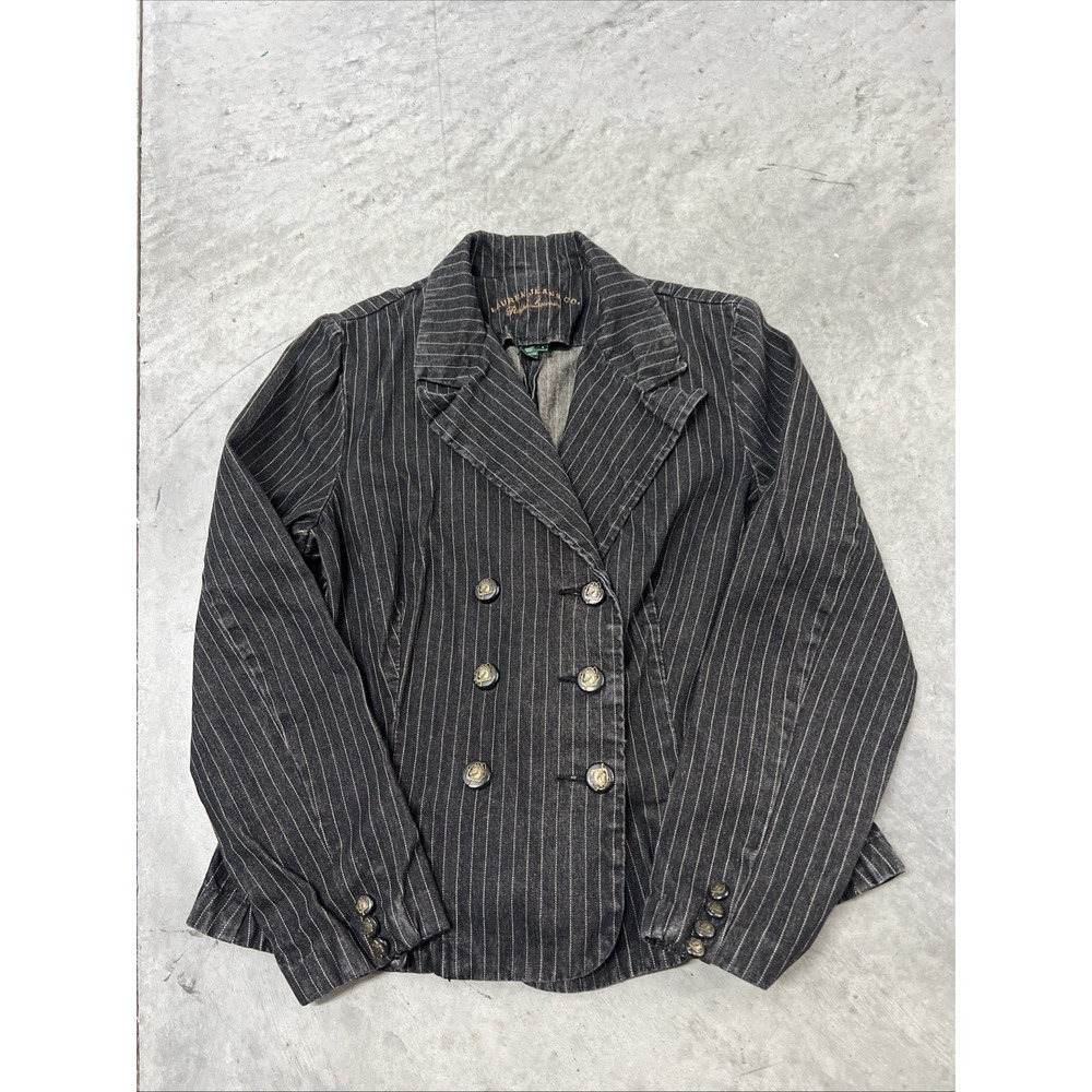 VTG Ralph Lauren Jacket Wmns L 90s Black Pinstripe Denim Double Breasted Blazer